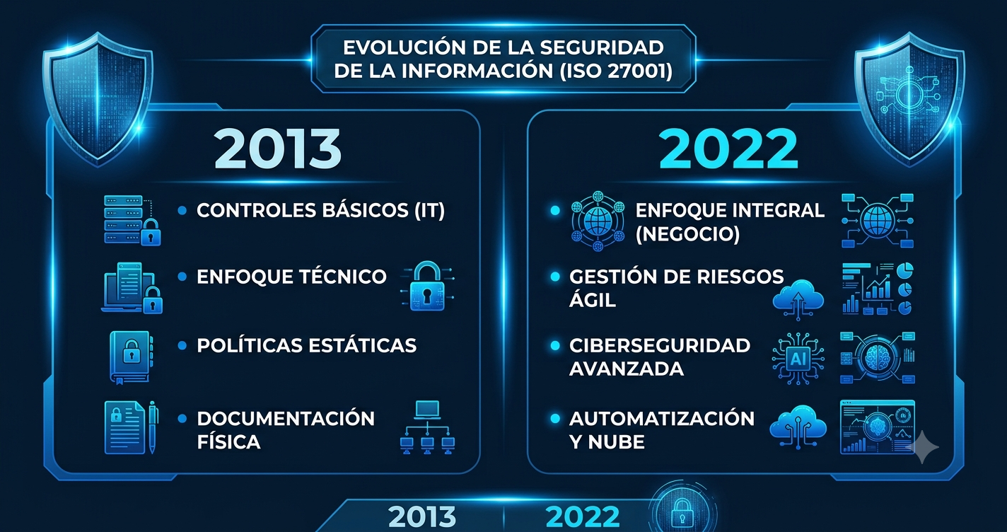 Comparativa ISO 27001:2022 vs ISO 27001:2013 — evolución de controles de seguridad de la información